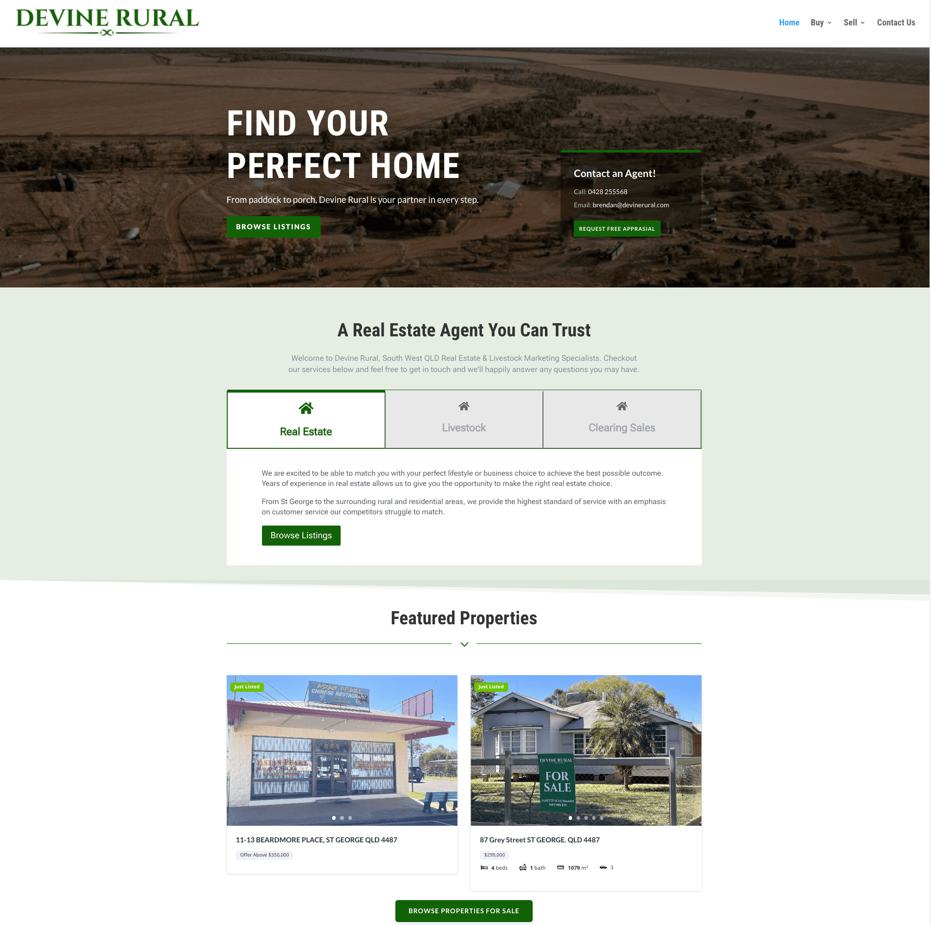 Desktop view of the Devine Rural website hero and listings.